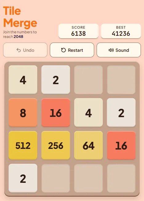 Tile Merge board after a forced Up swipe: the 512 has moved up to the third row and a new 2 has spawned in the bottom-left corner beneath it, with three empty cells beside it
