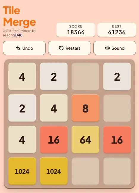 The same Tile Merge board three swipes later with two 1024 tiles side by side in the bottom-left of the board