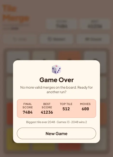 Tile Merge Game Over dialog reading No more valid merges on the board, showing the final score, best score, top tile 512 and moves, with a New Game button