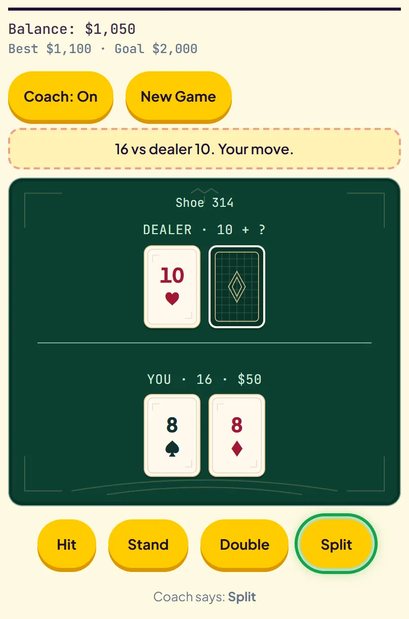 Player holds a pair of 8s for hard 16 against a dealer 10, Coach highlighting Split