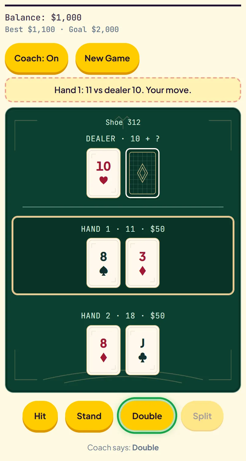 After splitting 8s, hand one shows 8 and 3 for 11 with Double highlighted, hand two shows 8 and Jack for 18