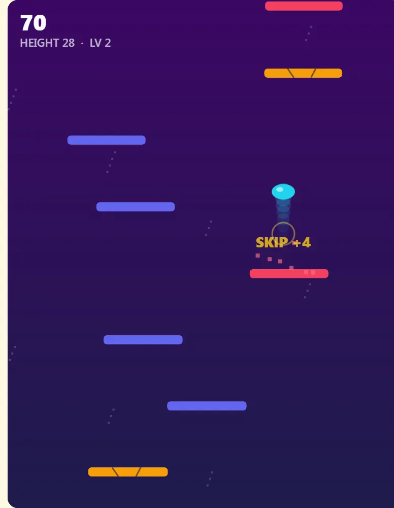 Bounce Ball after passing height 25: the background colour has changed for level 2 and the platforms are narrower