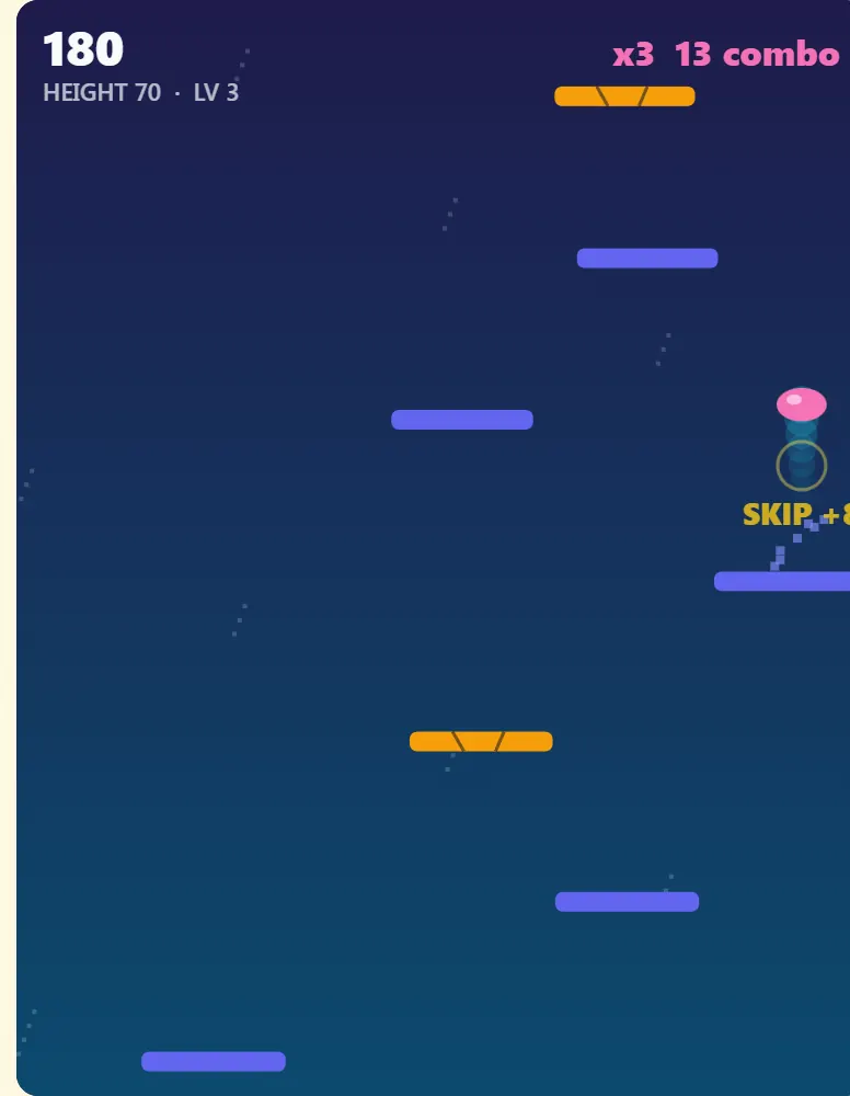 Bounce Ball at height 70 on level 3 with a 13 combo at x3, amber crumble platforms mixed in among moving and normal pads