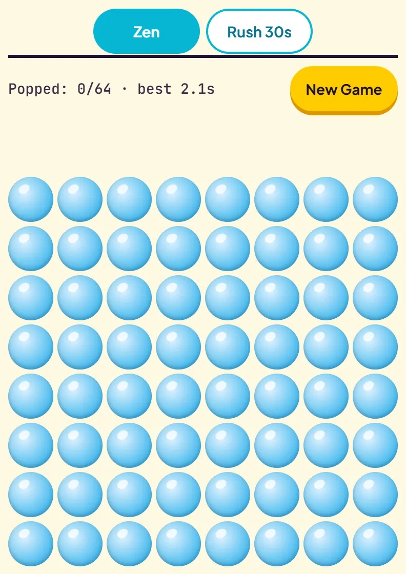 A fresh Zen sheet of 64 glossy blue bubbles in an 8 by 8 grid, with the counter reading Popped 0 of 64