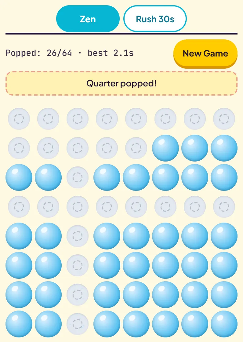 A Zen sheet with three rows and one column popped by sliding, the status banner saying Quarter popped and the counter at 26 of 64