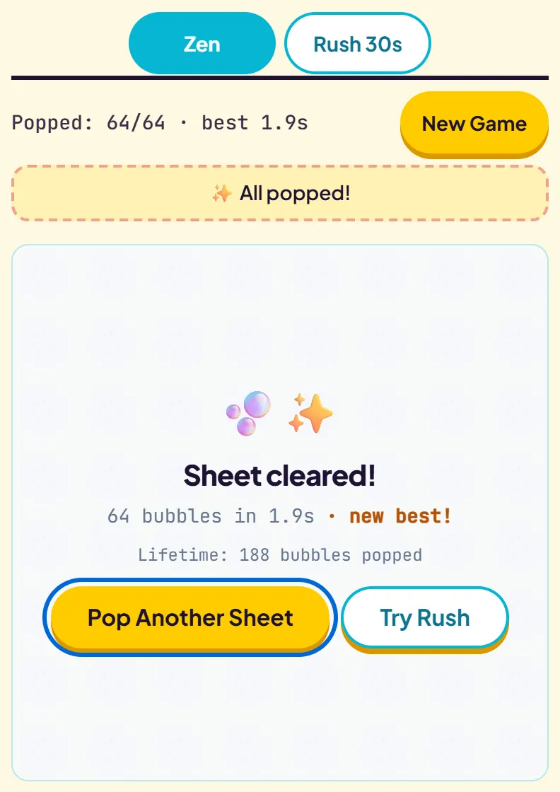 The Sheet cleared card over a fully popped sheet, showing 64 bubbles in a clear time with a new best label and a lifetime bubbles popped count