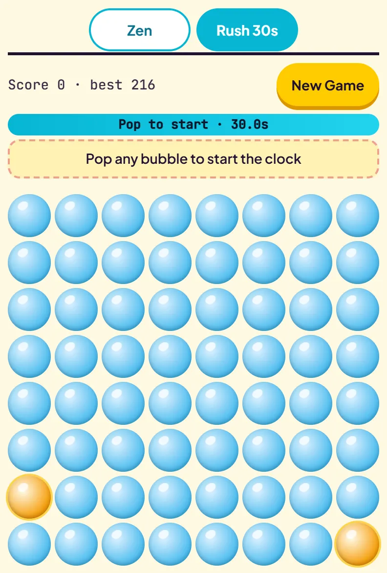 A fresh Rush sheet with the timer bar full, the prompt Pop any bubble to start the clock, and two gold bubbles in the bottom row
