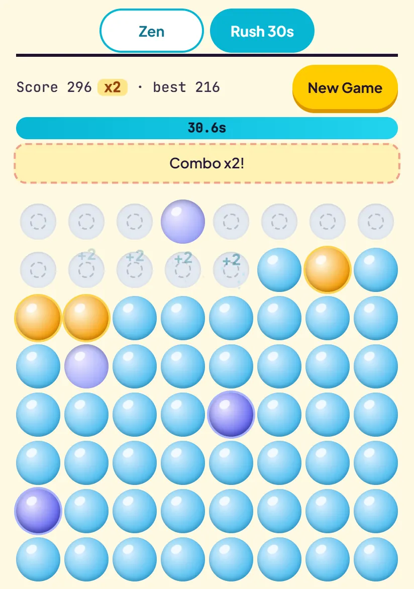 Rush sheet 2 showing two pale dented purple bubbles, two deep purple untouched bubbles, three gold bubbles and a score of 296 with a x2 badge
