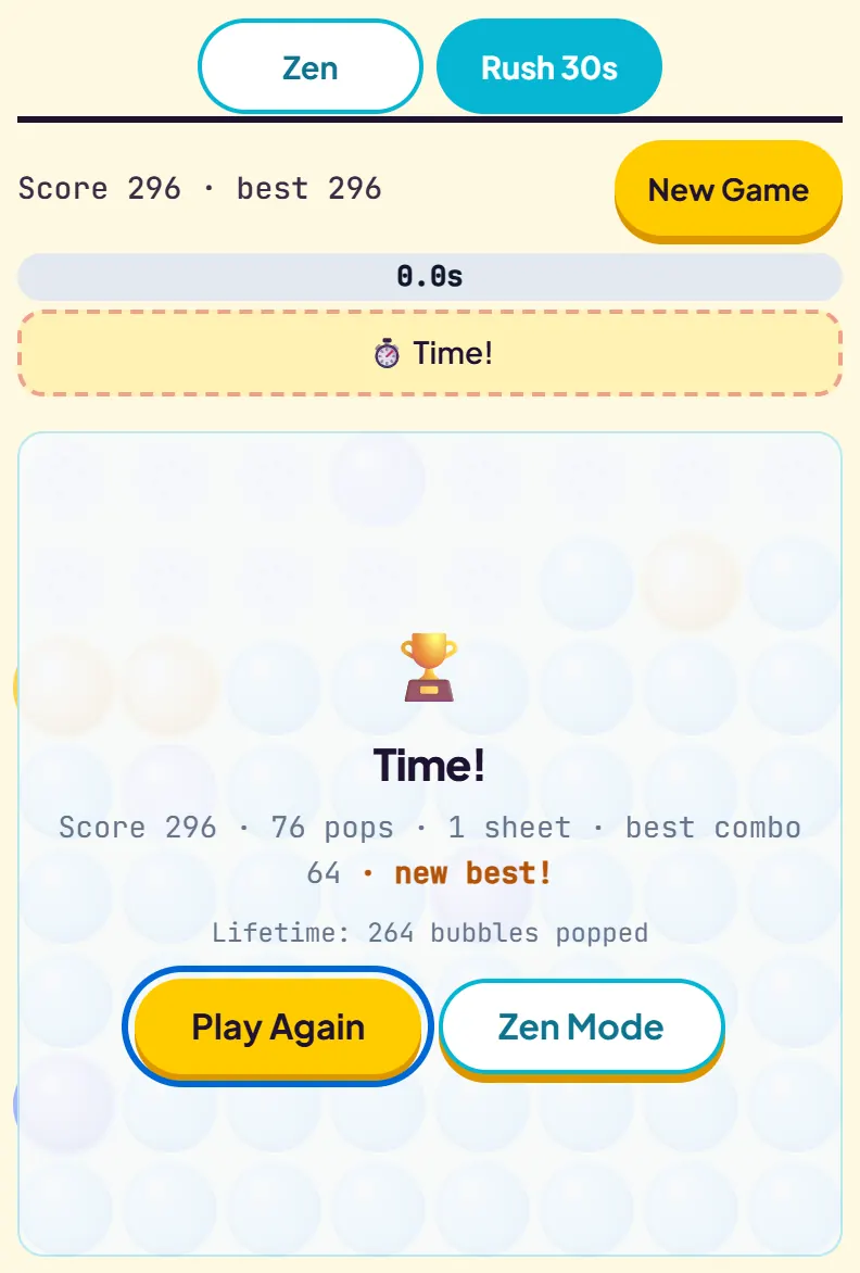 The Rush results card with a trophy, reading Score 296, 76 pops, 1 sheet, best combo 64, new best, and a lifetime bubbles popped count