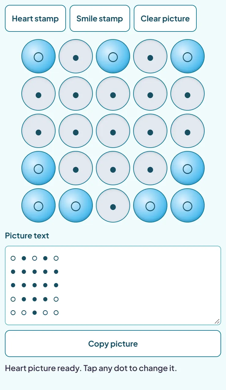 The Bubble pixel studio with the heart stamp applied to a 5 by 5 bubble grid and the matching dot text shown in the Picture text box