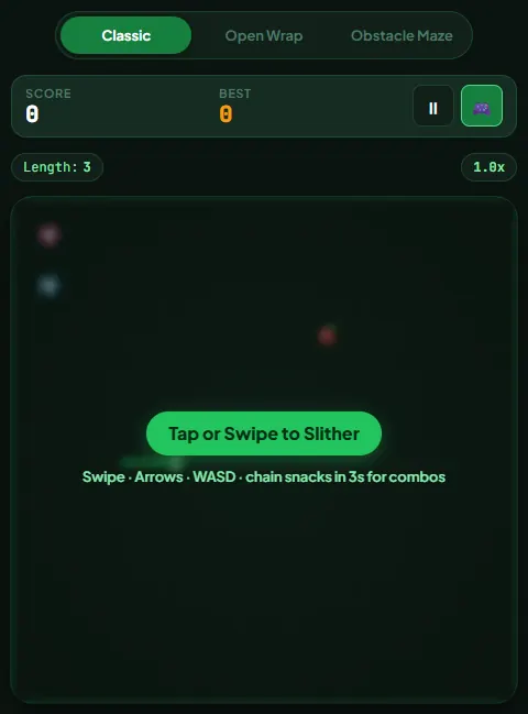 Snack Snake start screen on Classic mode: score 0, length 3, speed 1.0x and a Tap or Swipe to Slither prompt over the dark 20 by 20 grid