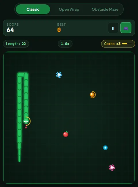 Snack Snake mid-run with a Combo x3 meter, a red apple, an orange golden berry, a blue speed berry and a cyan and pink portal pair on the grid