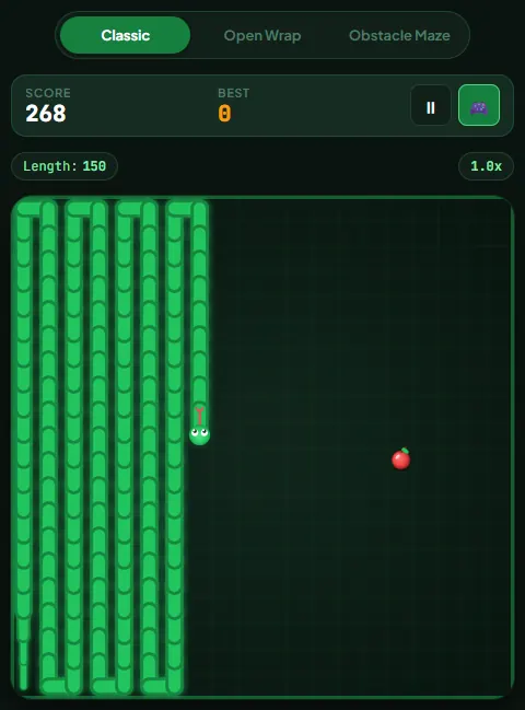 A 150-segment snake filling the left eight columns of the Classic board in tight vertical switchbacks, with the head at the top of the eighth column and an apple in the open right half