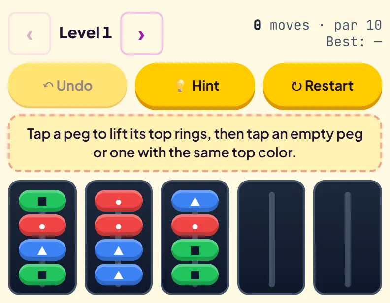 Color Sort Rings Level 1 at the start: five pegs, three holding mixed red, blue and green rings and two empty, with 0 moves and par 10