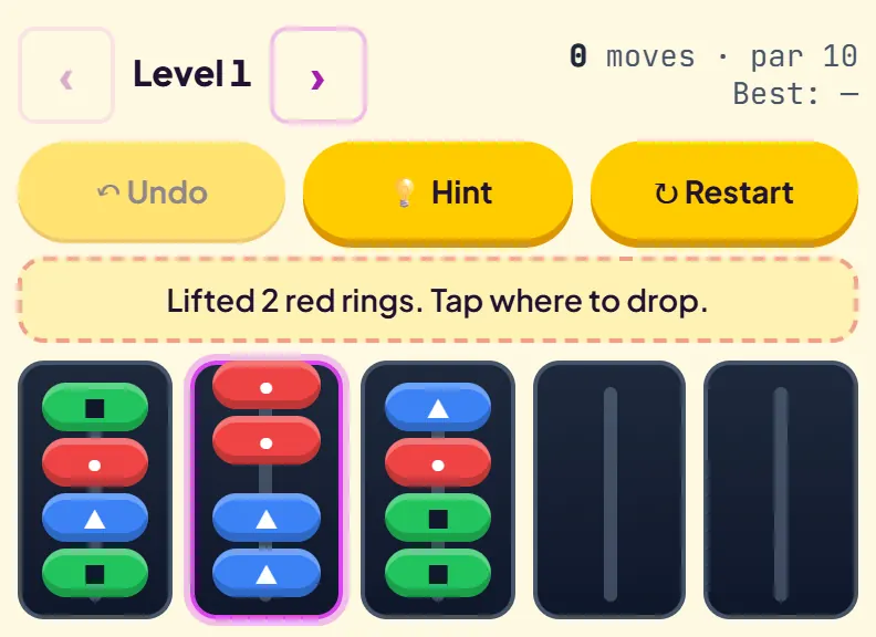 Peg 2 selected with its top two red rings raised, and the status line reading Lifted 2 red rings. Tap where to drop.