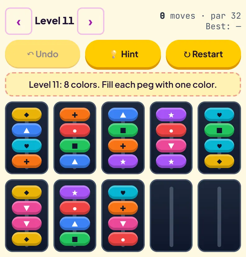 Level 11 at the start: ten pegs in two rows holding eight colours of rings, with two empty pegs at the end, 0 moves and par 32