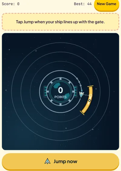 Orbit Jump board with the ship lined up under the gold gate and the action button reading Jump now