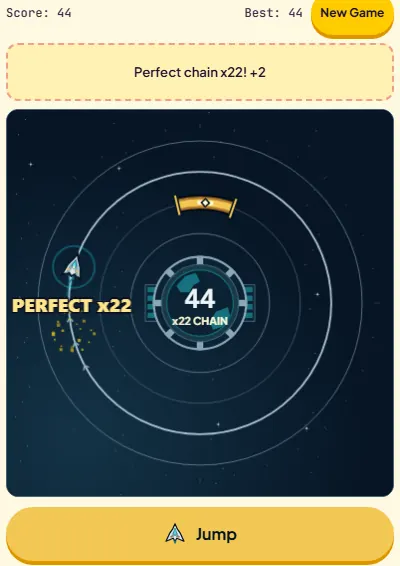 Orbit Jump late in a run with a perfect chain of 22 and a score of 44, the narrow gold gate on an outer ring