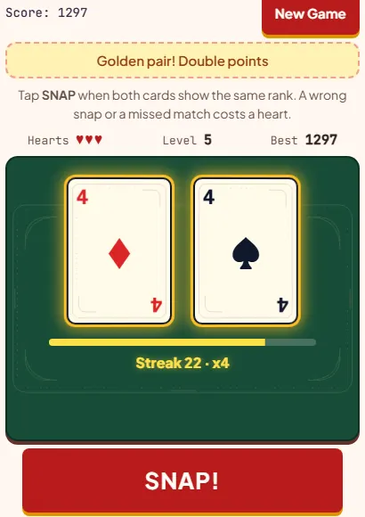 Snap game showing a golden pair, the 4 of diamonds and 4 of spades glowing gold, Streak 22 x4 at level 5