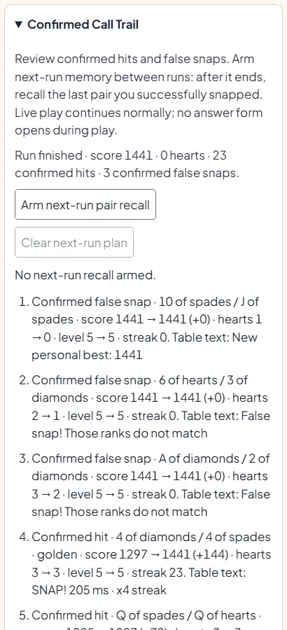 Snap Confirmed Call Trail listing recent hits and false snaps with score changes, including a golden pair of fours worth 144 points