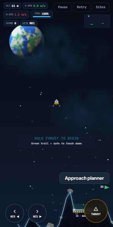 Space Lander mission 1 before launch: the ship hangs above the lunar surface with a Hold Thrust to Begin prompt and the altitude, speed and fuel readouts along the top