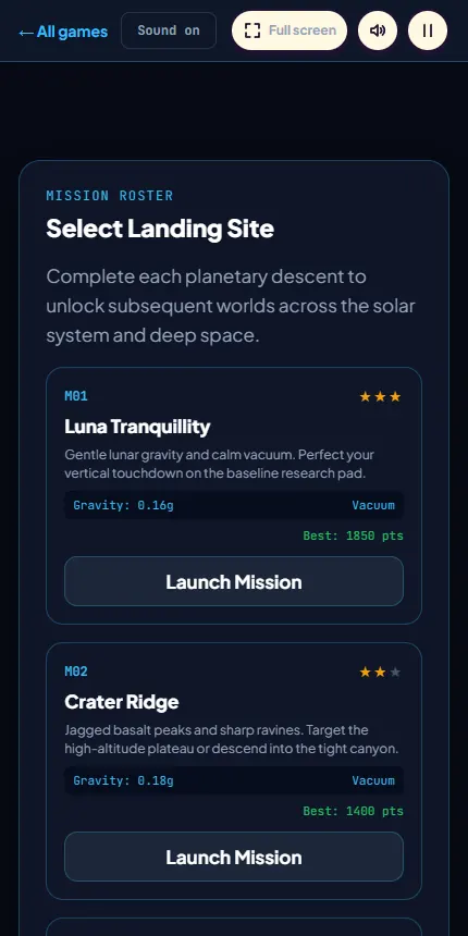 Space Lander mission roster showing Luna Tranquillity with three stars and a best score, and Crater Ridge with two stars