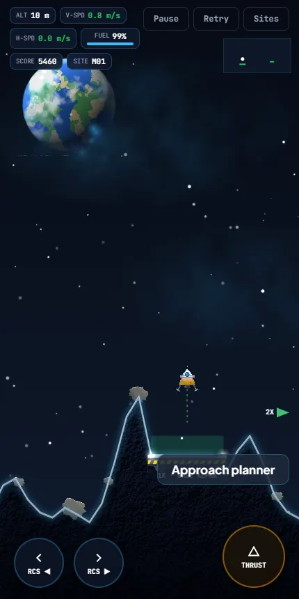 Space Lander final approach with a green dotted trail pointing at the pad, V-SPD 0.8 m/s and H-SPD 0.0 m/s