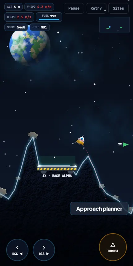 Space Lander approach with the lander tilted and V-SPD 4.3 m/s well above the 1.8 limit