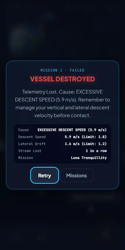 Space Lander crash report: Vessel Destroyed, excessive descent speed 5.9 m/s against a 1.8 m/s limit
