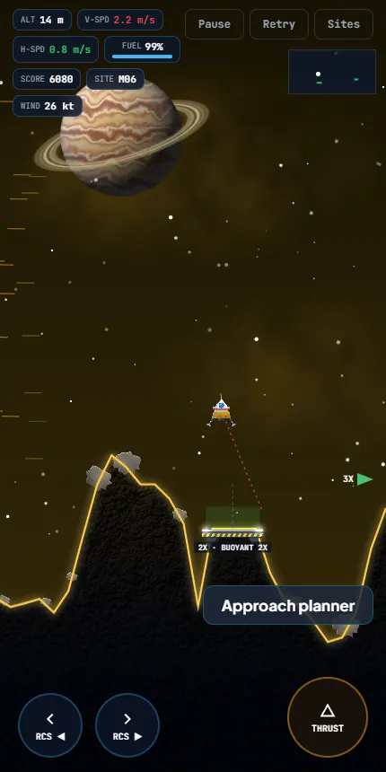 Space Lander on Titan: orange-trimmed terrain, a ringed planet in the sky, a wind readout of 26 knots and the lander above a bobbing platform pad