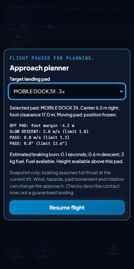 Space Lander approach planner overlay targeting the mobile dock pad with off-pad, slow-descent, drift and tilt checks listed