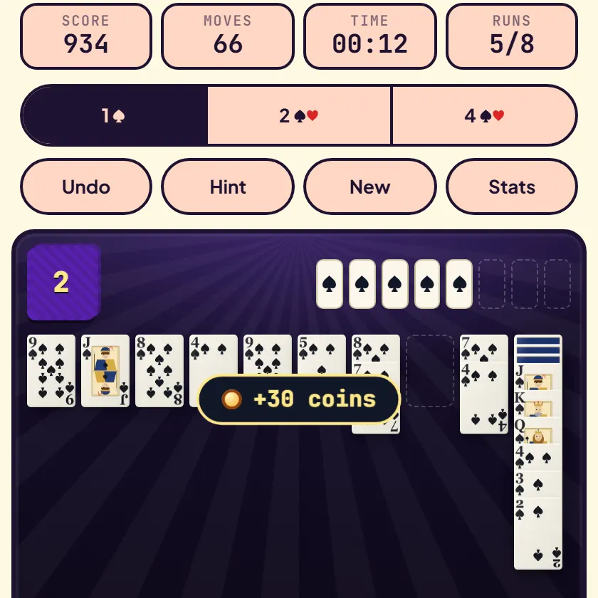 Spider Solitaire with five spade runs completed in the top slots, runs counter 5/8, score 934 after 66 moves, one empty column and two deals left