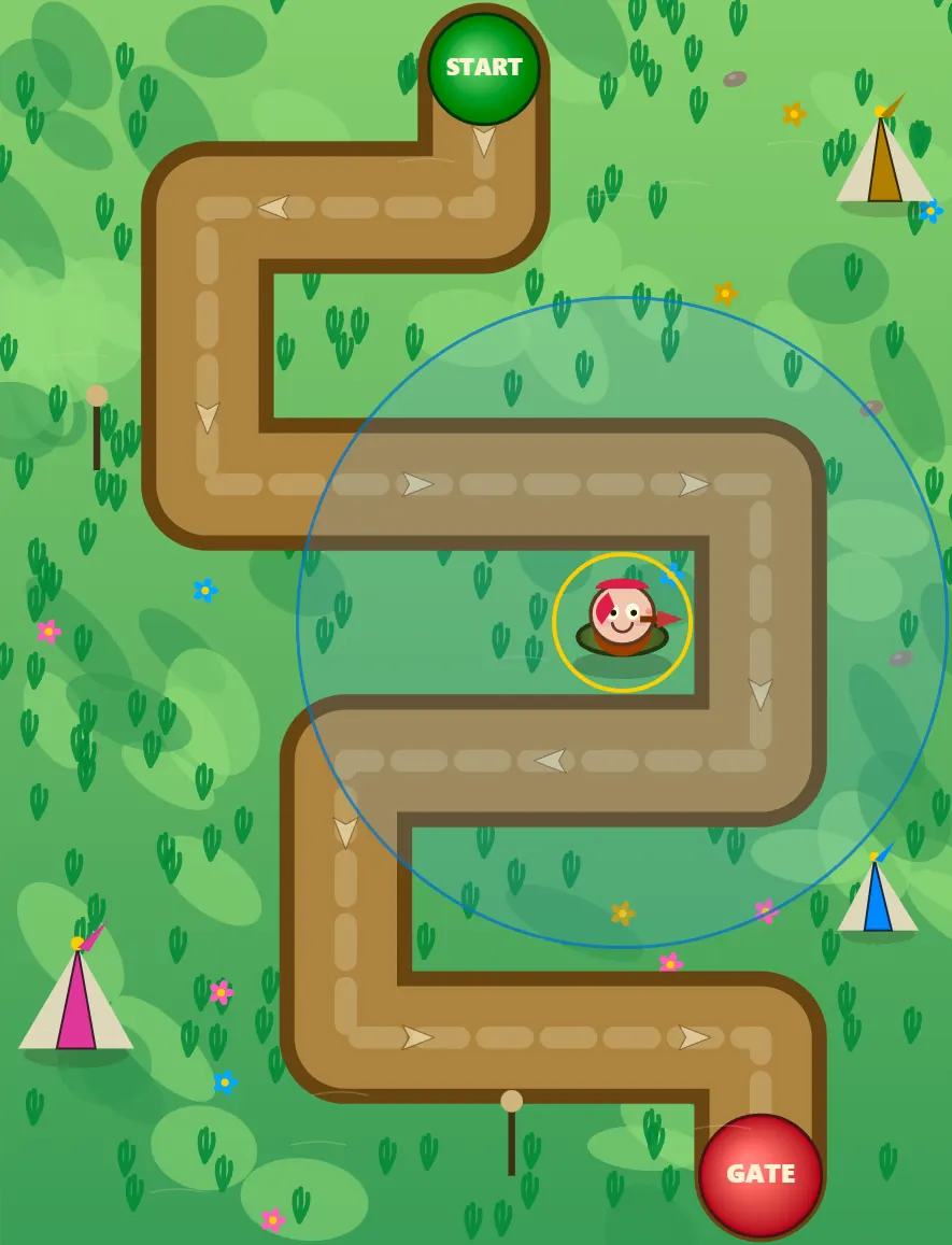 Fort Pop Midway map before wave 1 with a single Pin tower selected, its range ring covering the road on three sides