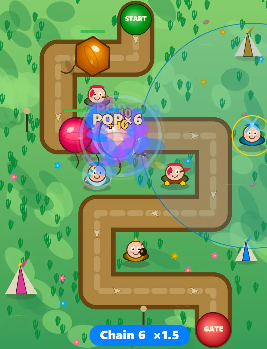 Fort Pop wave 5 with drum enemies on the path, which are slow and take 95 base health, being hit by Pin darts