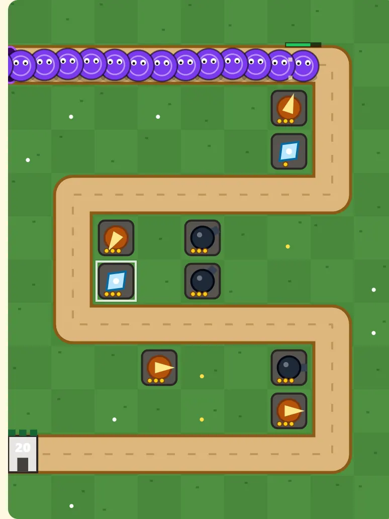 Tower Defense TD wave 14: a long column of slow, armored tank enemies on the winding path under fire from arrow, frost and cannon towers