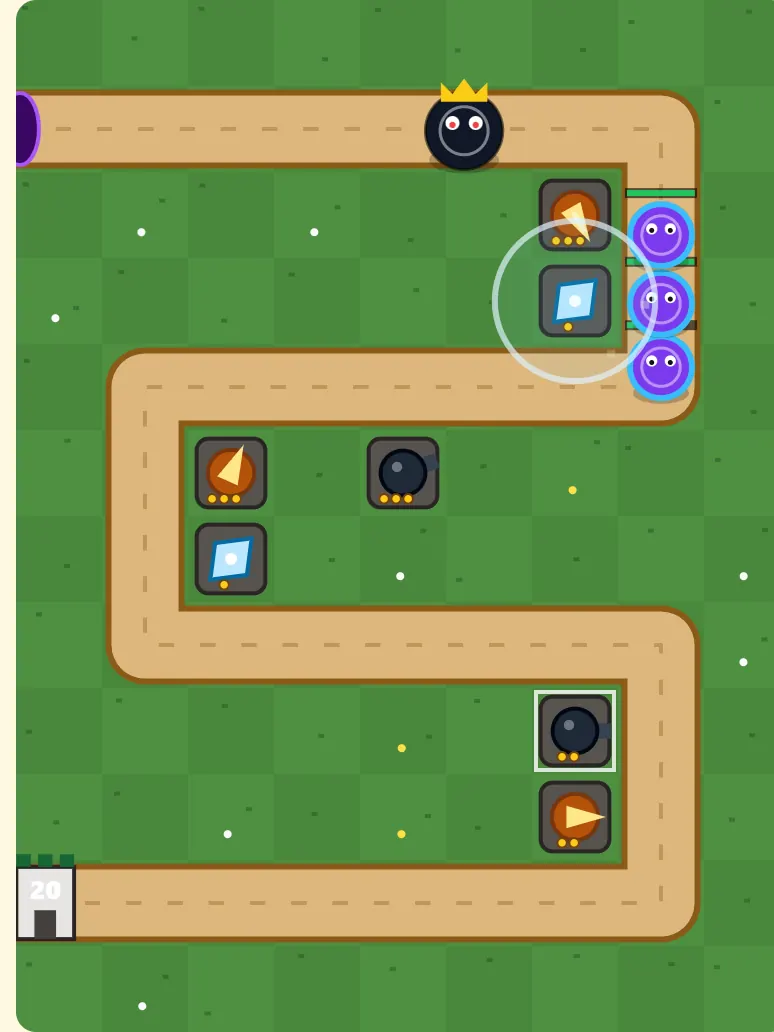 Tower Defense TD boss wave: the crowned boss enemy walking the path past upgraded arrow, frost and cannon towers