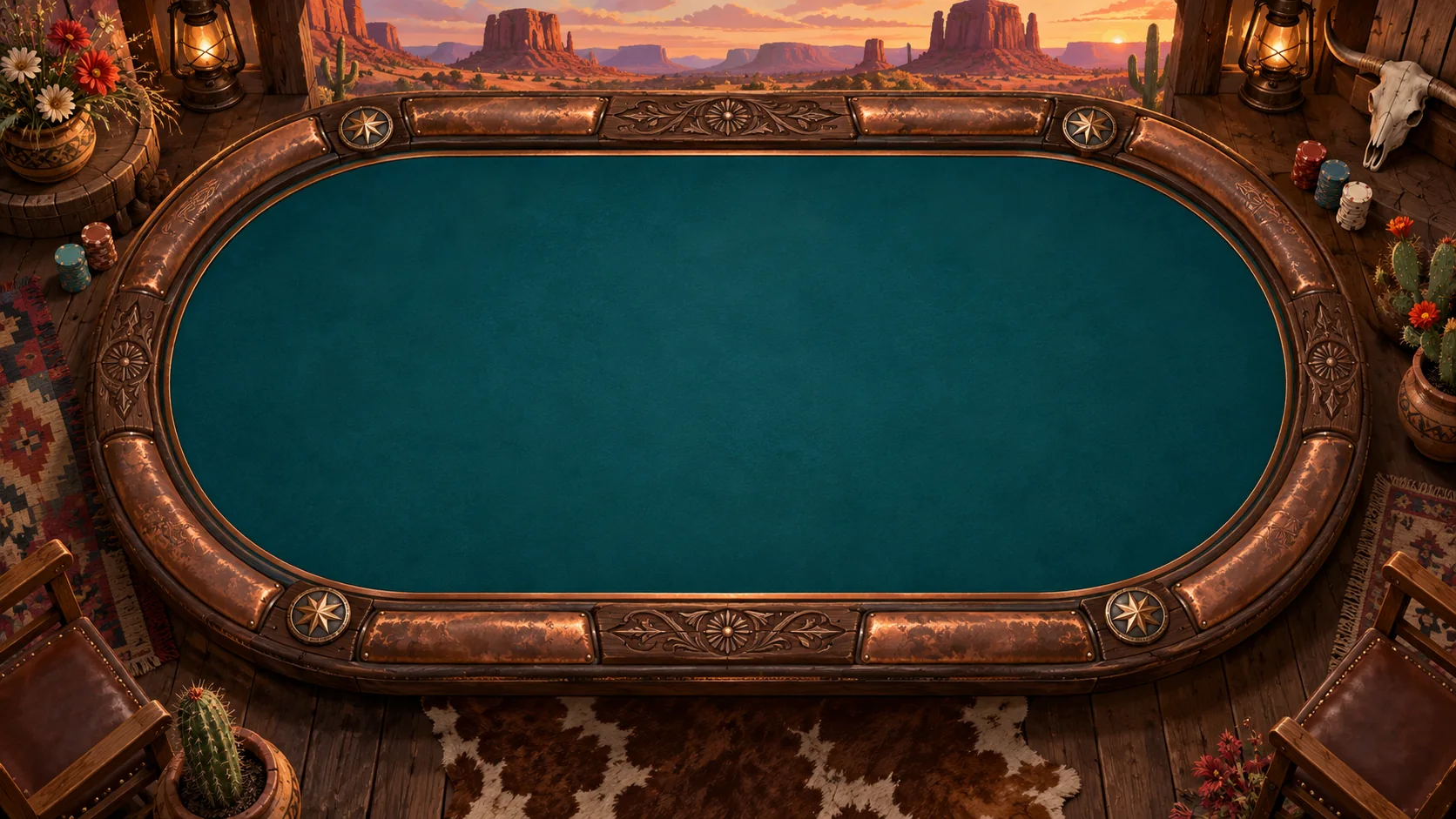 Copper Canyon poker table: Turquoise felt · copper · desert light