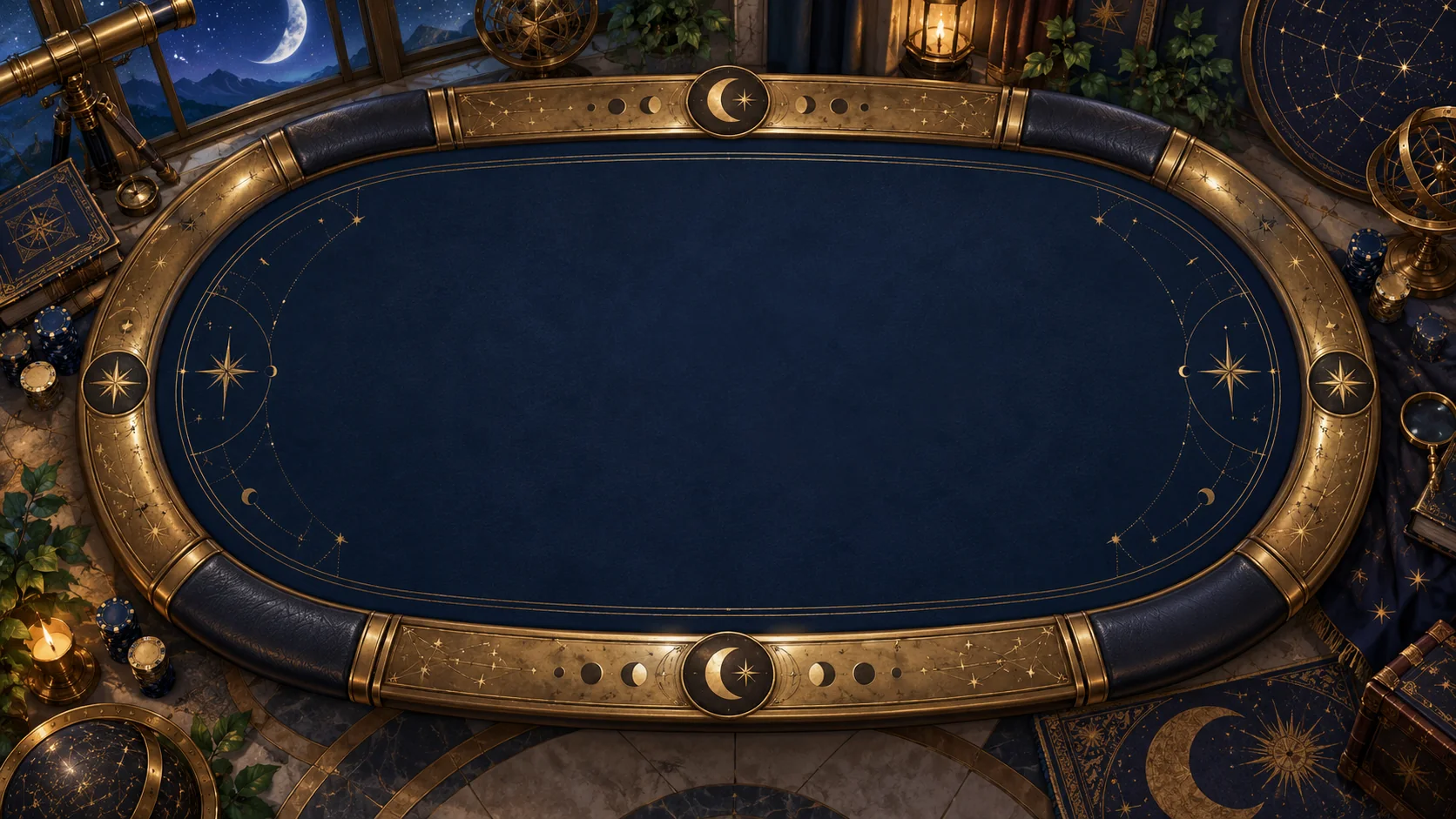 Starlight Lounge poker table: Midnight felt · brass · constellations